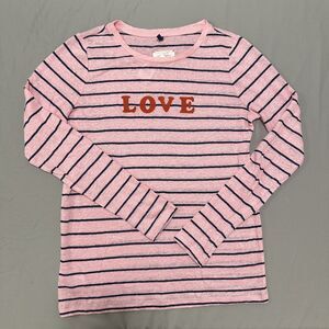 Lou & Grey LOVE Striped 100% Linen Long Sleeve Tee Valentines Day Pink XS NWT